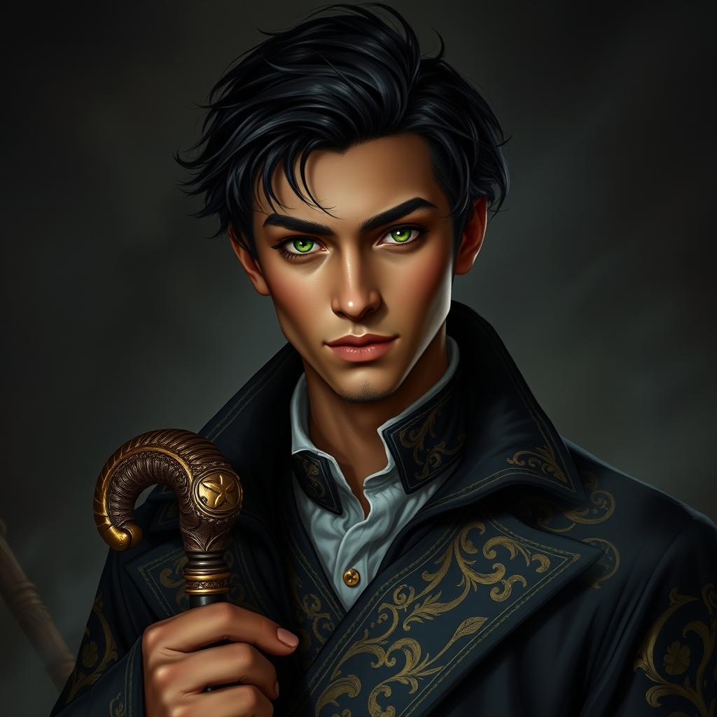 A portrait of a young male necromancer wizard, featuring a striking figure with brown skin, raven black hair, and light green eyes