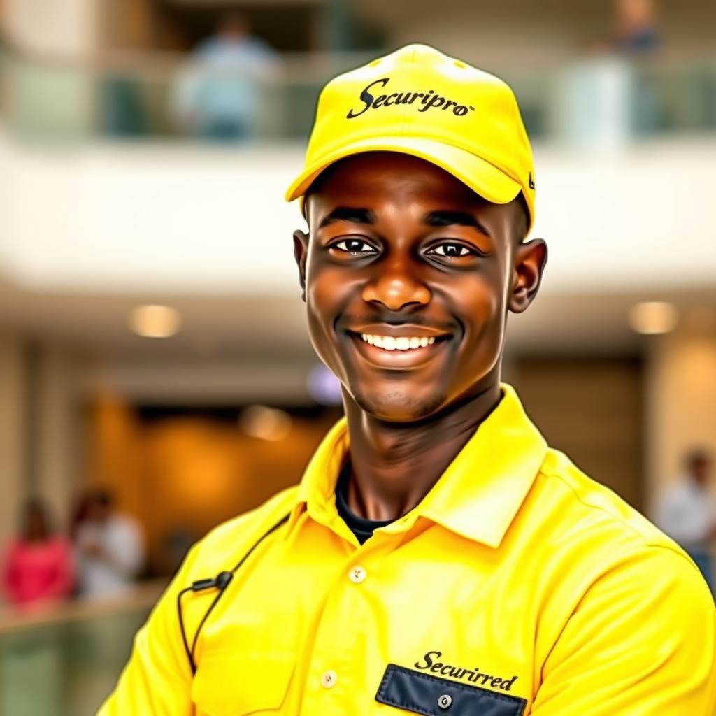 A slim black security officer wearing a bright yellow uniform shirt with the corrected spelling 'Securipro Limited' elegantly printed above the right pocket