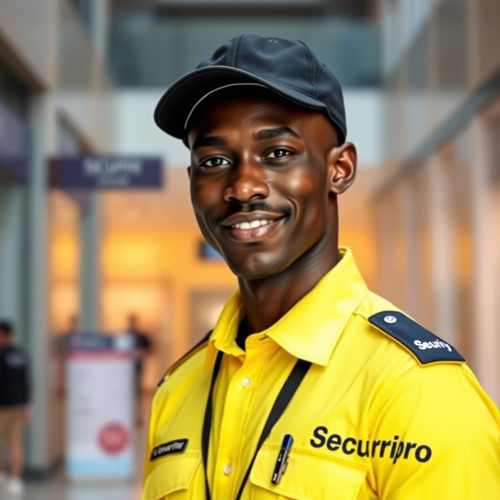 A slim black security officer wearing a bright yellow uniform shirt with the corrected spelling 'Securipro' displayed prominently on the right pocket