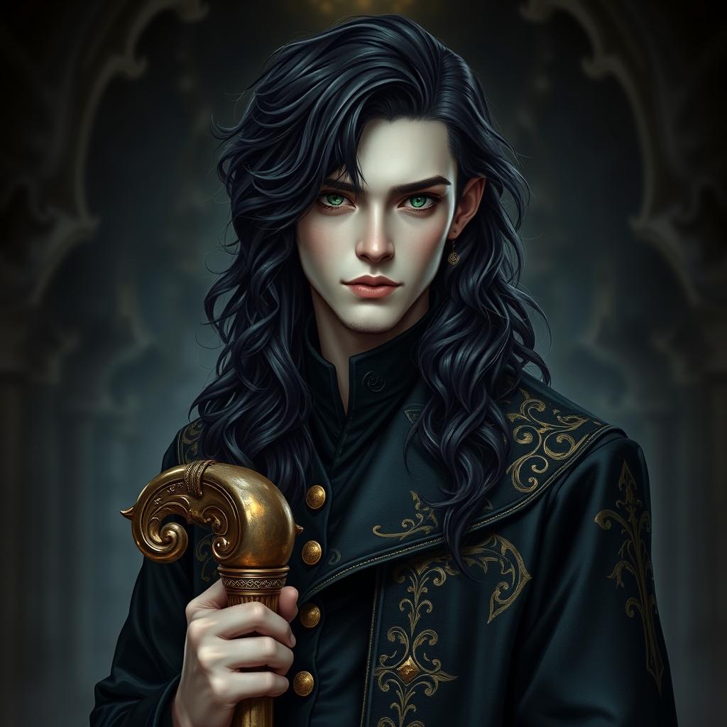 A portrait of a young male necromancer wizard, age 23, with white skin and wavy long raven-black hair cascading down his shoulders