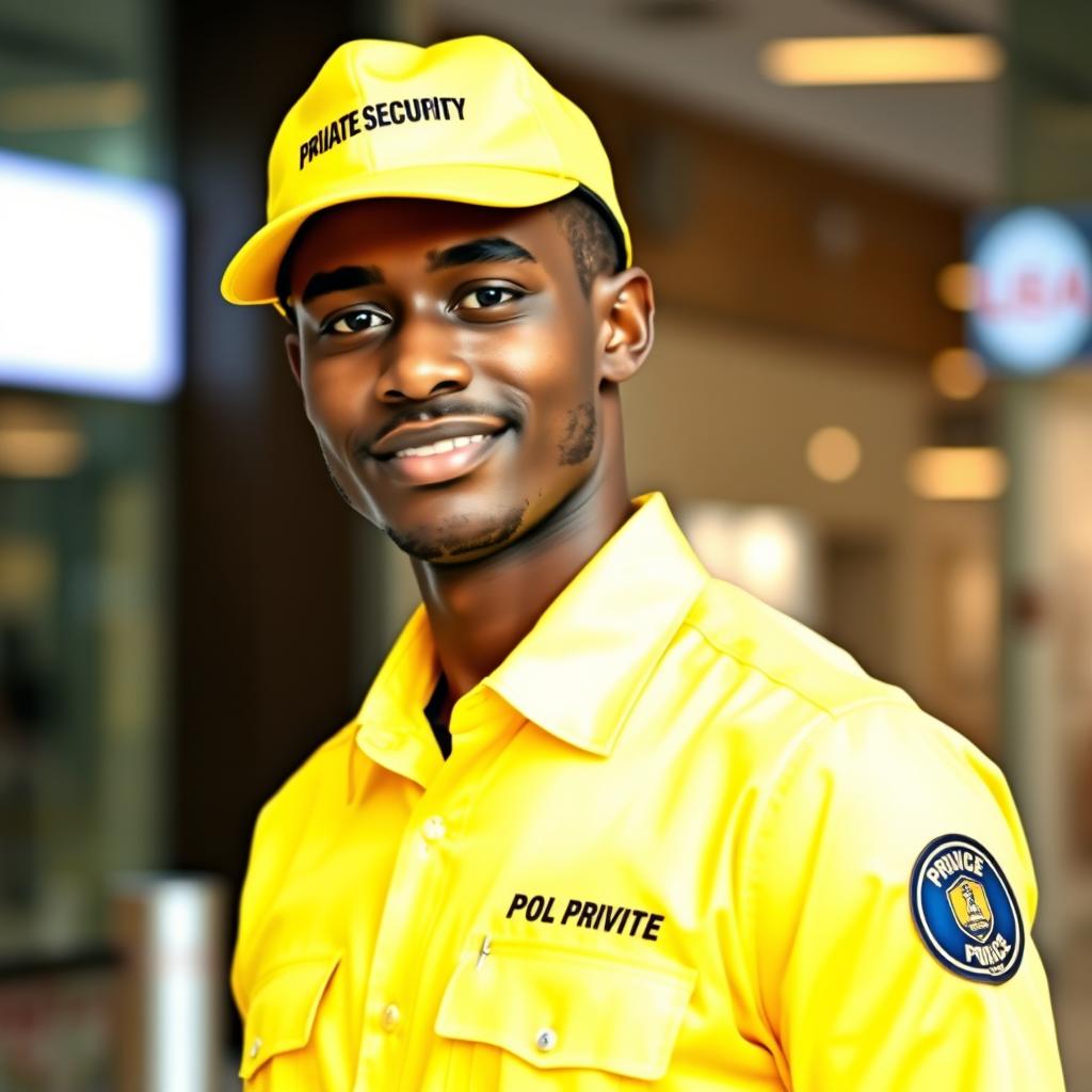 A slim black security officer wearing a bright yellow uniform shirt with the name 'Private Security Company' printed above the left pocket, sized perfectly to maintain a balanced appearance