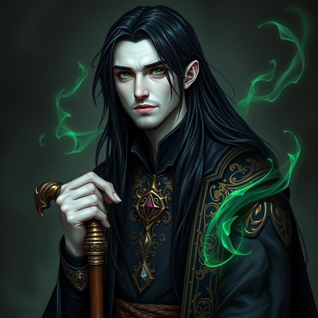 A portrait of a 23-year-old male necromancer wizard with white skin, featuring long raven black hair and dark green eyes