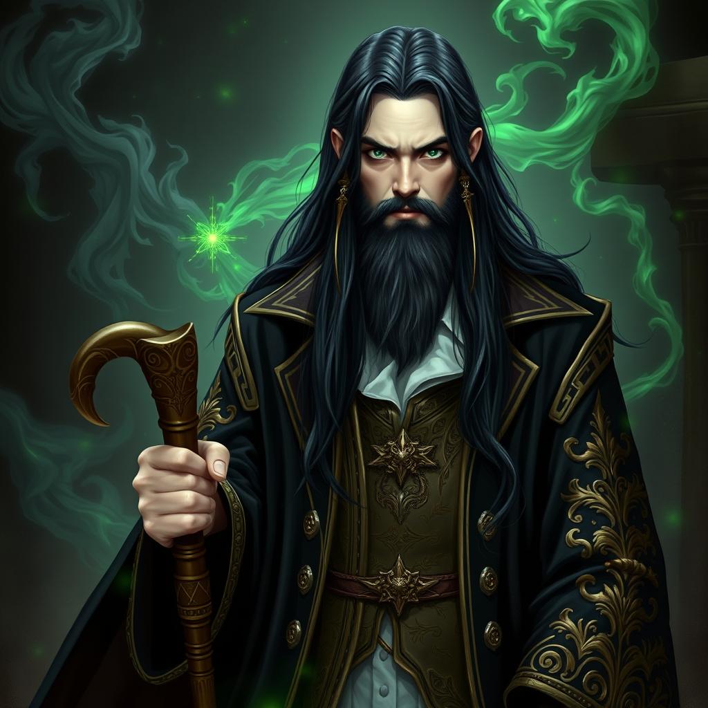 A portrait of a 23-year-old human male necromancer wizard, featuring white skin, long raven black hair flowing down his shoulders, and piercing dark green eyes