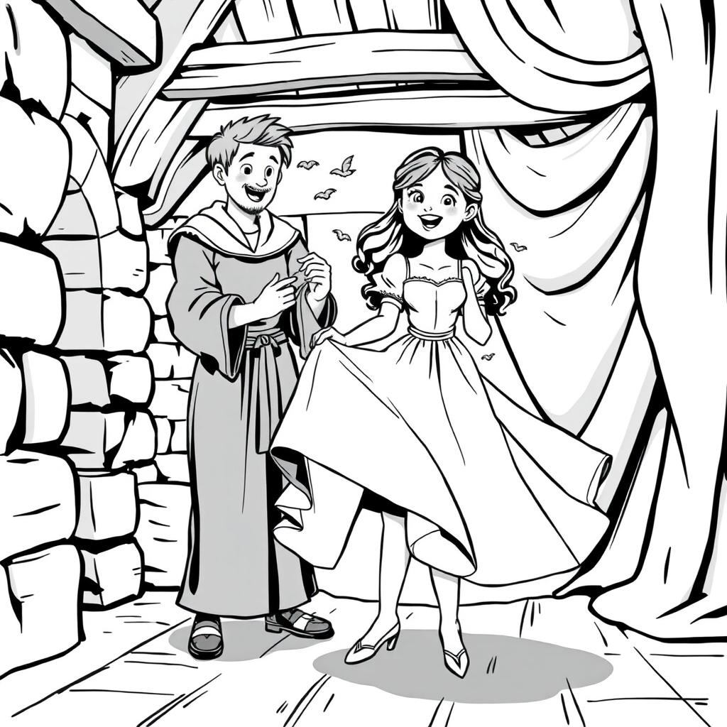 An adorable medieval scene featuring a young lady trying on a new dress with the help of a servant