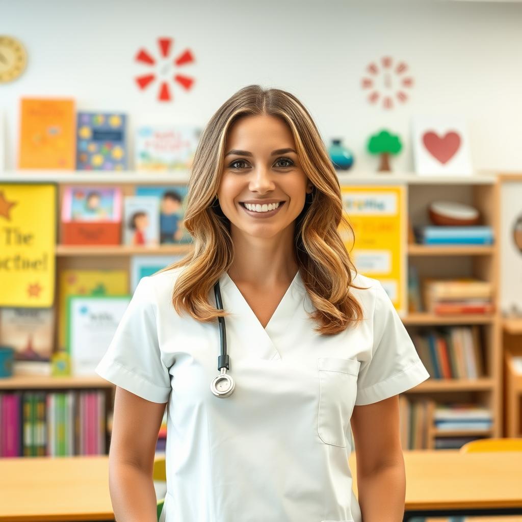 A 36-year-old woman with an average athletic body and a medium-sized neck, sporting middle height light brown hair and big round eyes, wearing white lab scrubs