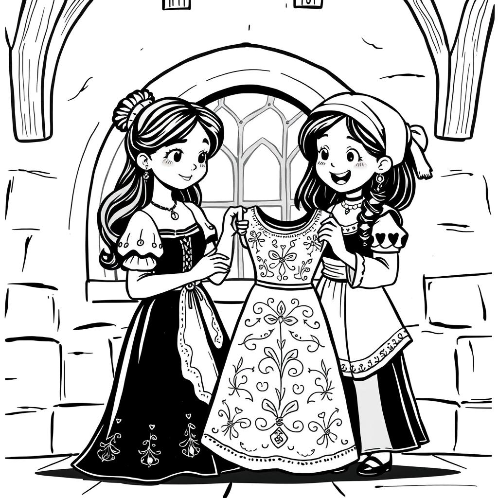 An adorable and cute medieval scene featuring a lady trying on a beautiful embroidered dress, with a girl servant assisting her