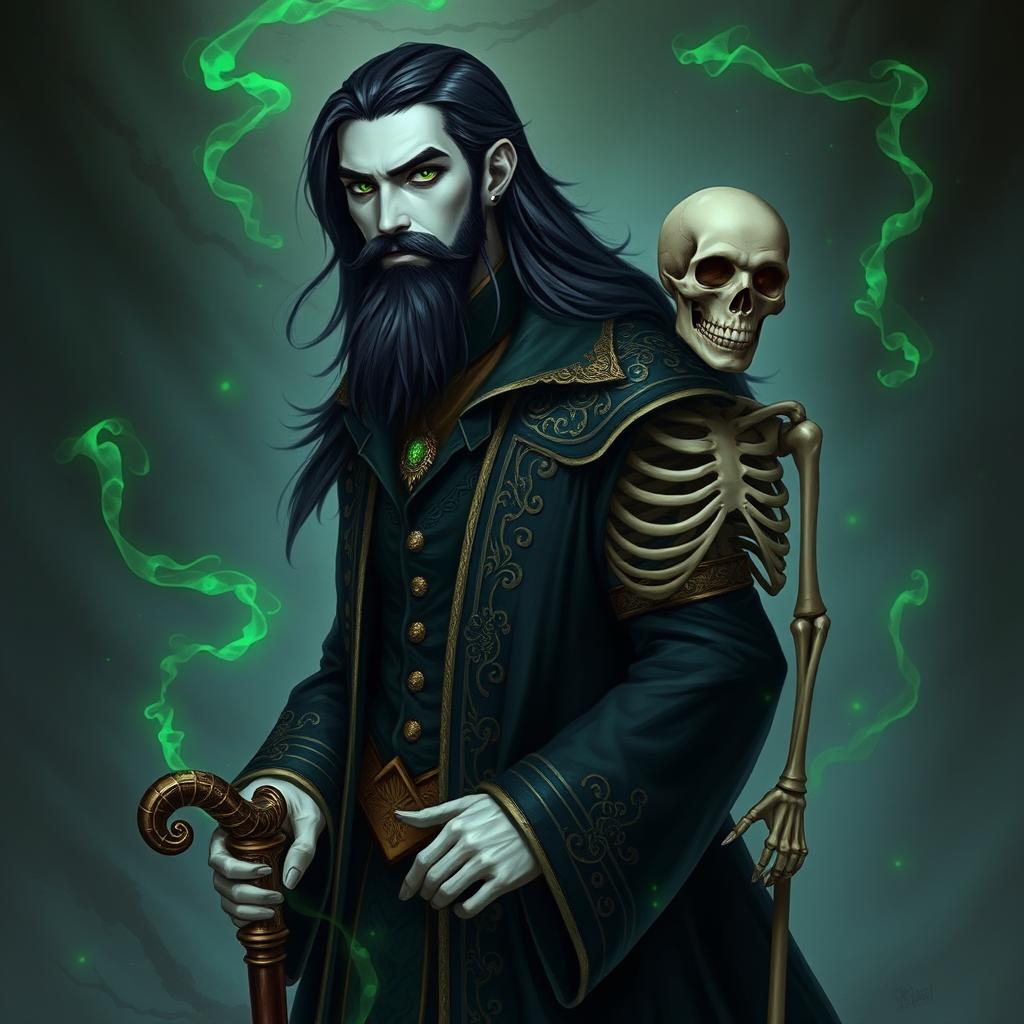 A portrait of a male necromancer wizard, 23 years old, with white skin, long raven black hair, and dark green eyes