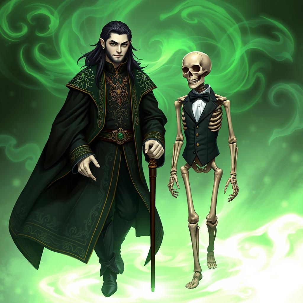 A portrait of a 23-year-old male Necromancer Wizard with white skin, long raven black hair, and dark green eyes