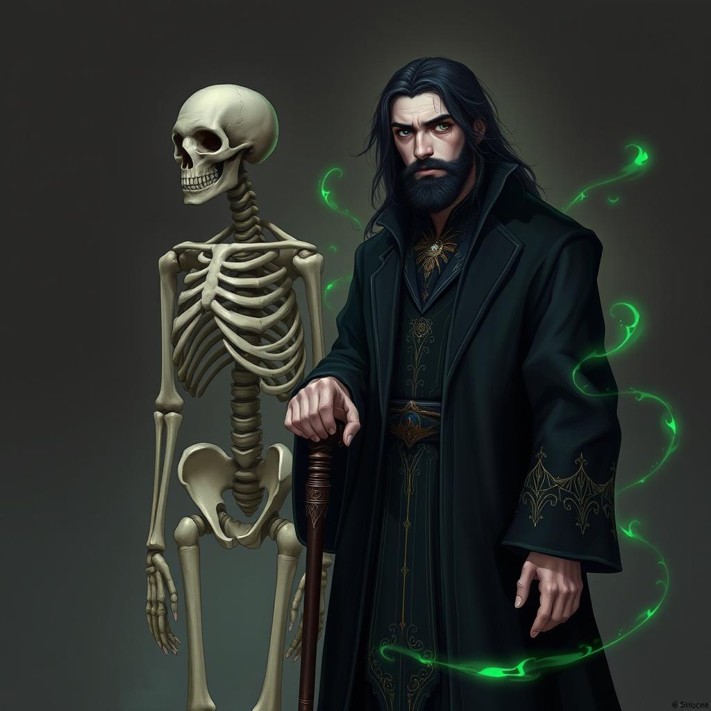 A portrait of a 23-year-old human male Necromancer Wizard with green magic