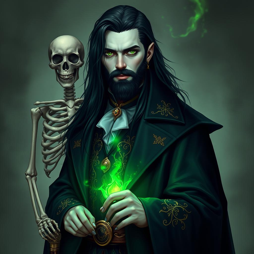 A portrait of a 23-year-old human male necromancer wizard, featuring his striking appearance with white skin, long raven black hair, and dark green eyes