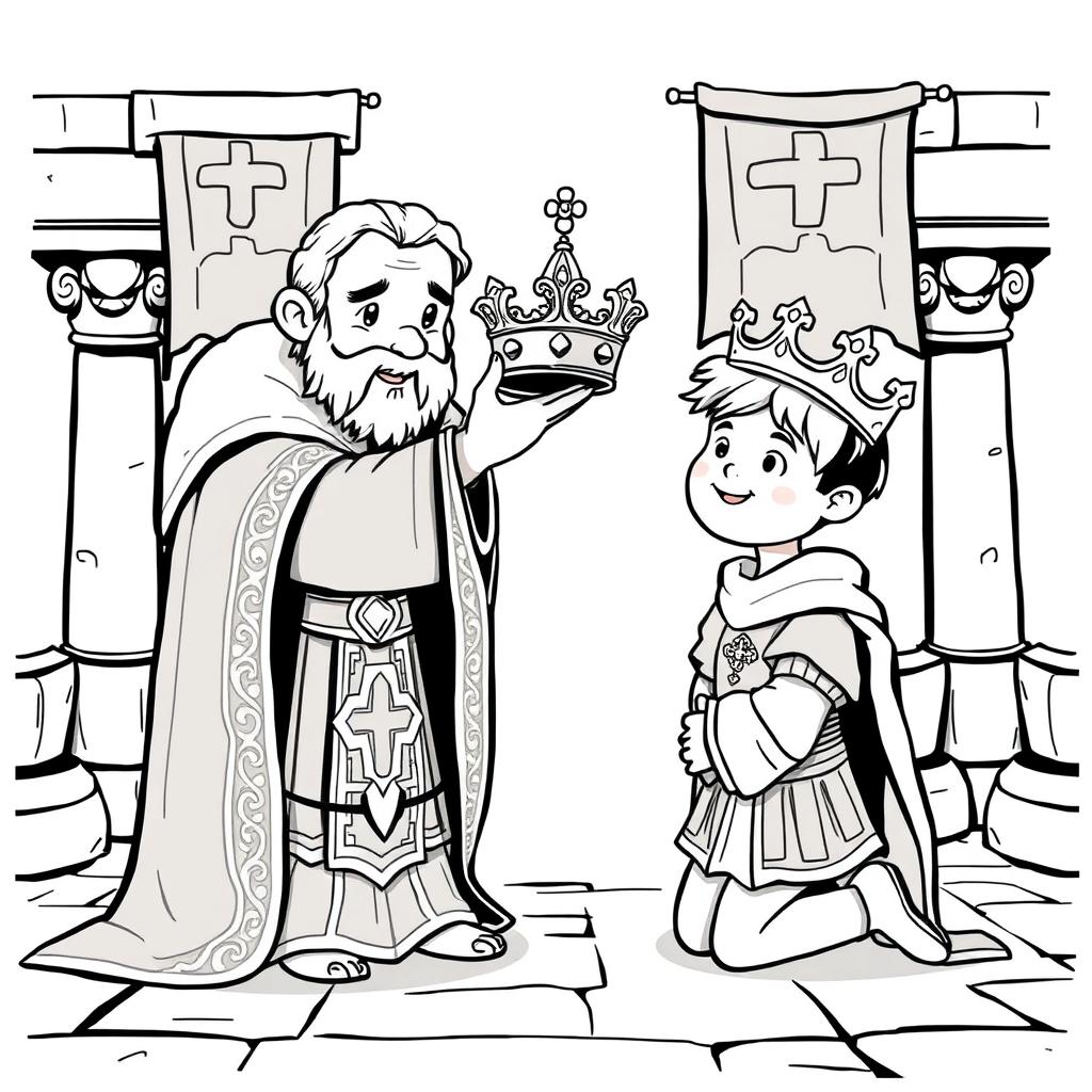 An adorable and cute medieval scene depicting a young prince on his knees receiving a crown from a high-ranking priest