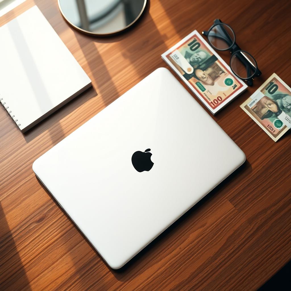 A top-view composition of a sleek, modern workspace featuring a shiny iPad resting on a polished wooden desk