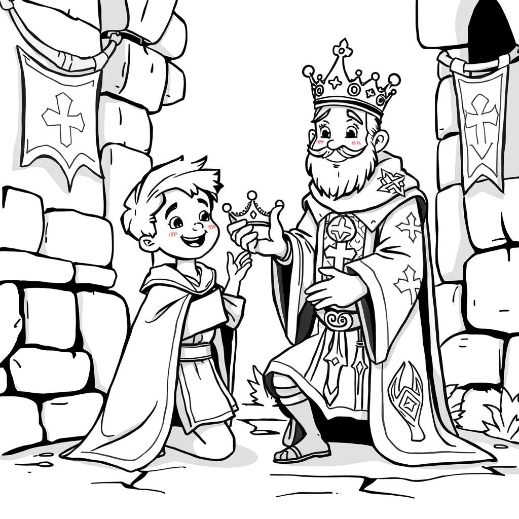 An adorable and cute medieval scene depicting a young man on his knees, receiving a crown from a high-ranking priest