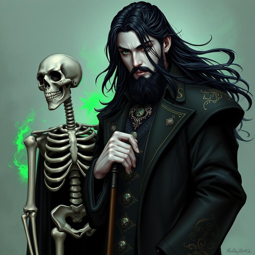 A striking portrait of a 23-year-old male necromancer wizard