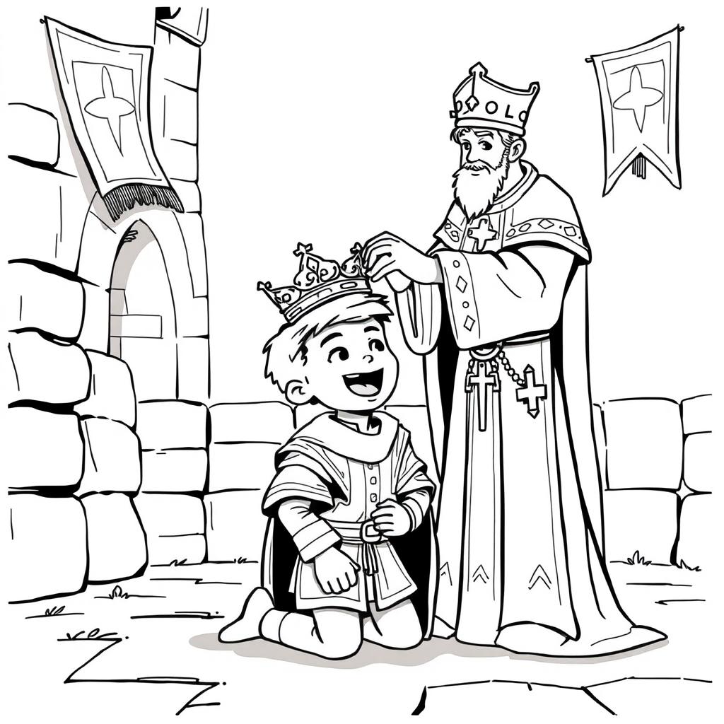 An adorable and cute medieval scene depicting a young man on his knees, receiving a crown