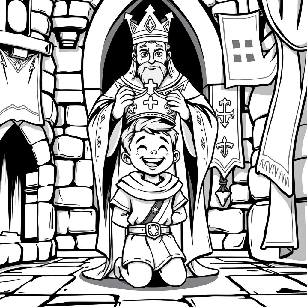 An adorable and cute medieval scene depicting a young man on his knees, being crowned