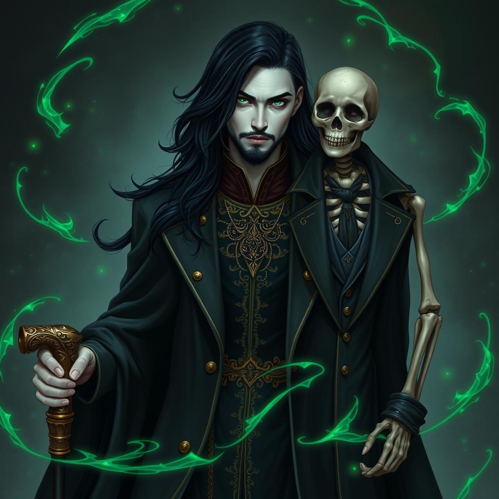 A captivating portrait of a 23-year-old male Necromancer Wizard