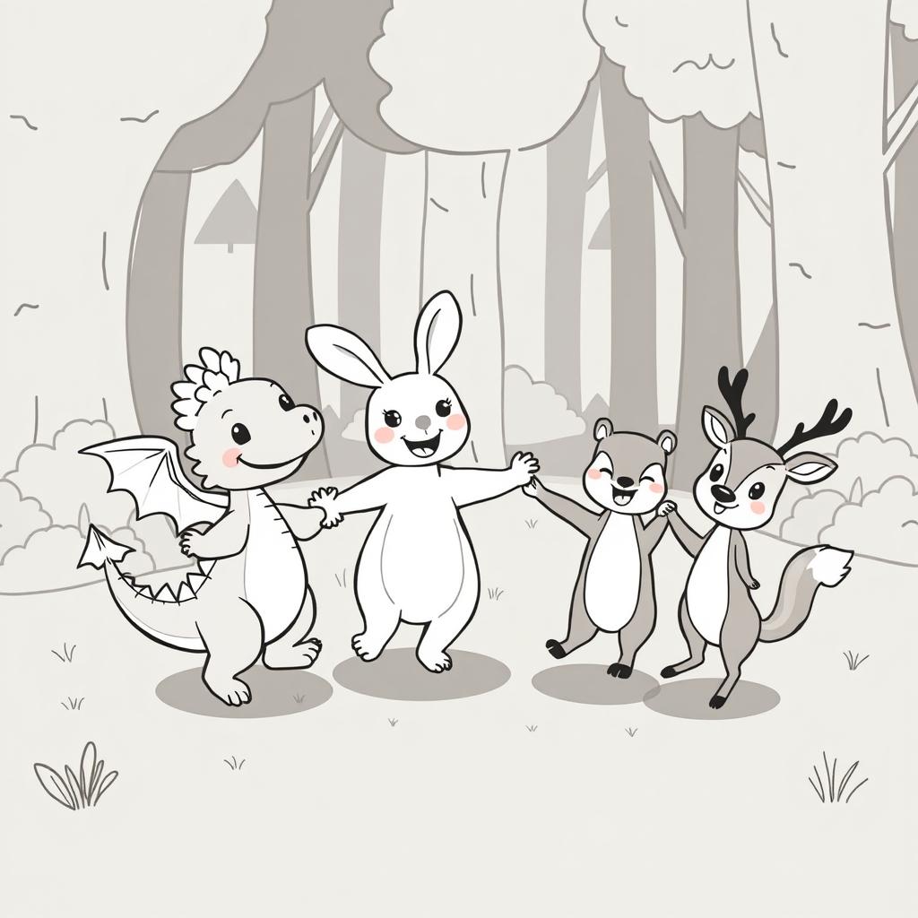 An adorable and cute illustration of a dragon, a rabbit, a bear, a squirrel, and a deer holding hands and forming a circle while joyfully dancing in a forest