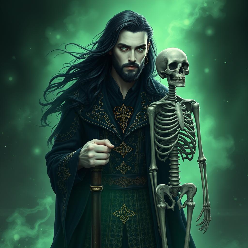 A captivating portrait of a 23-year-old male necromancer wizard, showcasing his white skin and long raven black hair flowing elegantly