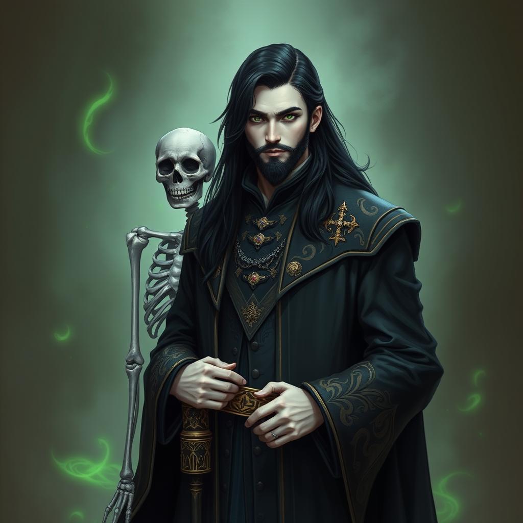 A portrait of a male Necromancer Wizard, age 23, featuring white skin and striking long raven black hair cascading down his shoulders