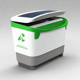 Design an innovative 'EcoHarvestBin', a smart waste management system. It should be solar-powered with visible sensors and paired with a mobile app symbol, signifying its function in promoting recycling and sustainable practices.