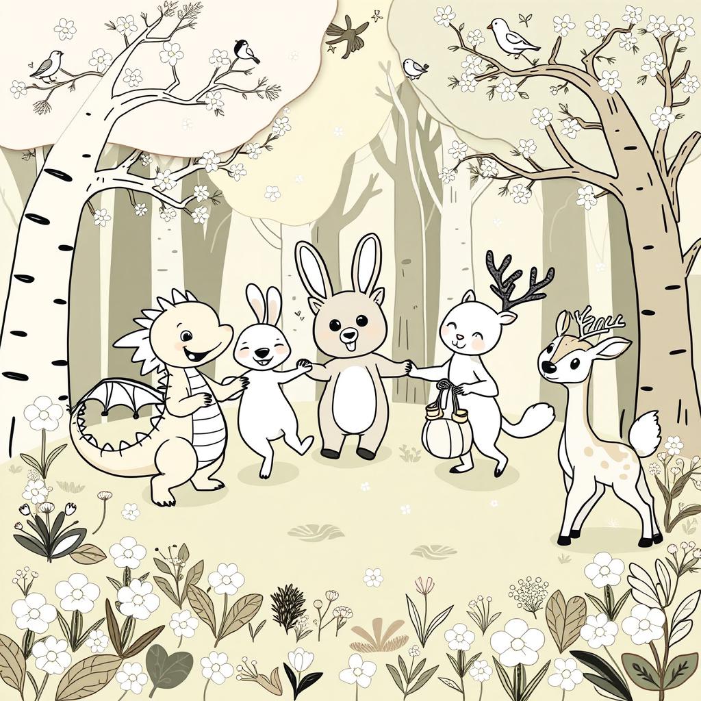 An adorable and cute illustration of a dragon, a rabbit, a bear, a squirrel, and a deer, all holding hands and forming a circle while joyfully dancing in a vibrant forest