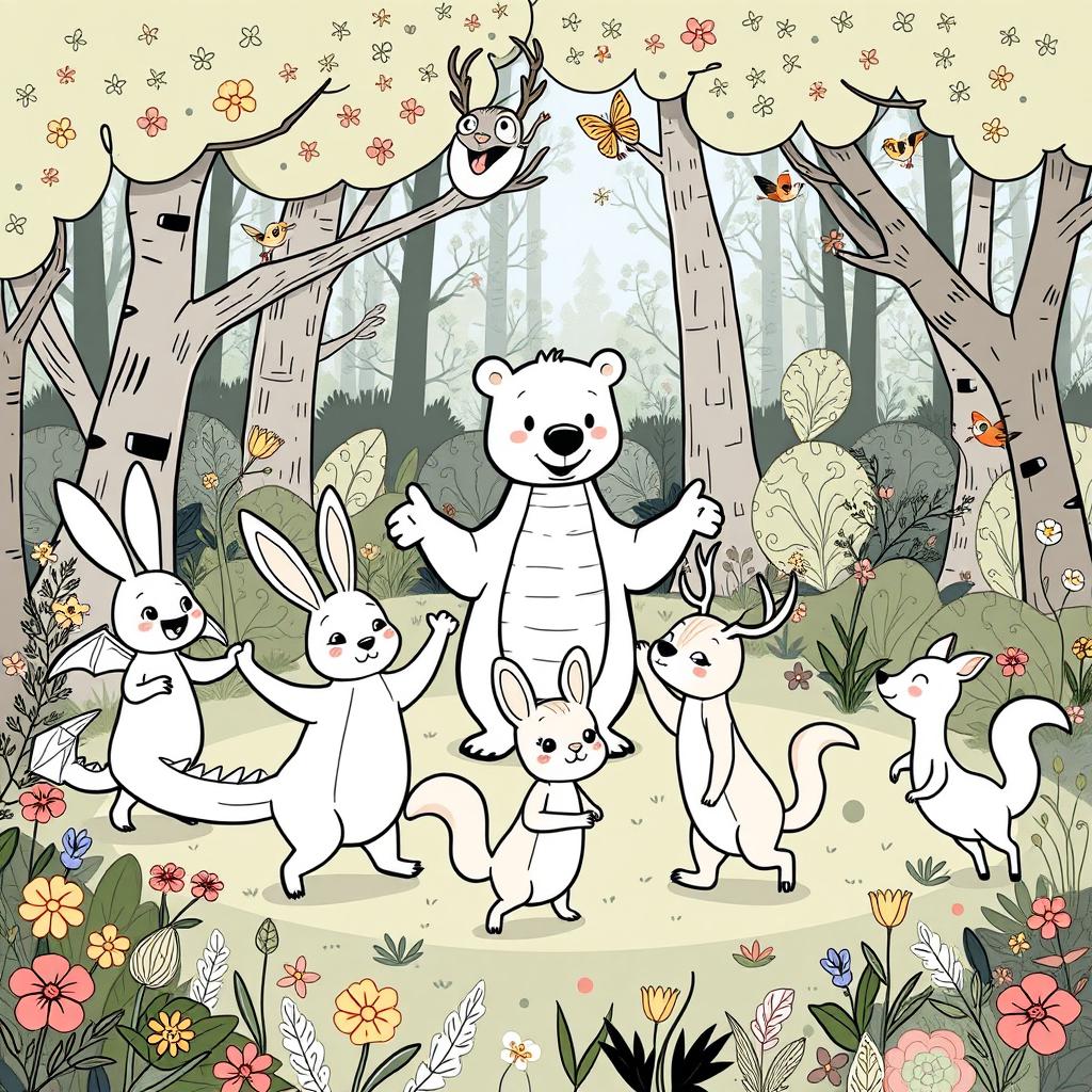 An adorable and cute illustration featuring a dragon, a rabbit, a bear, a squirrel, and a deer, all holding hands and forming a joyful circle while dancing in a vibrant forest setting
