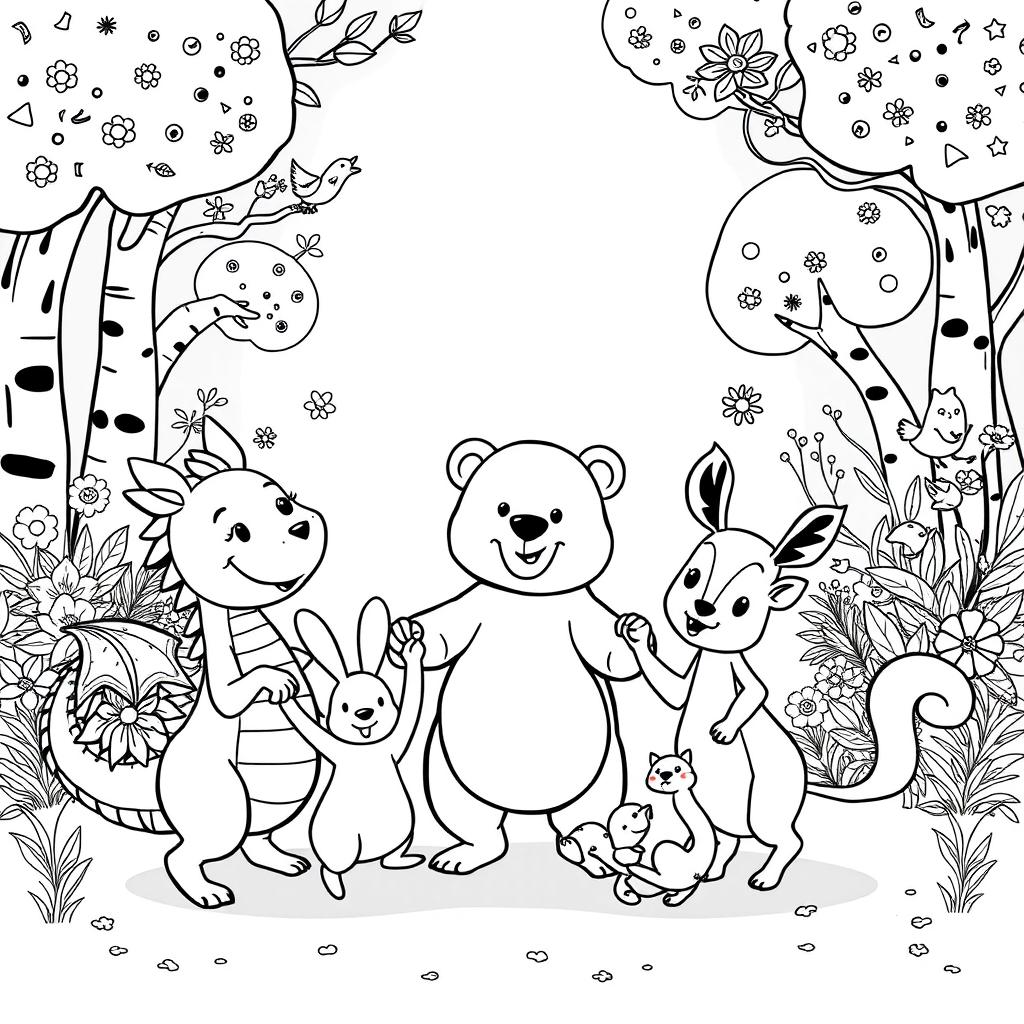 An adorable and cute illustration featuring a dragon, a rabbit, a bear, a squirrel, and a deer, all holding hands and forming a joyful circle while dancing