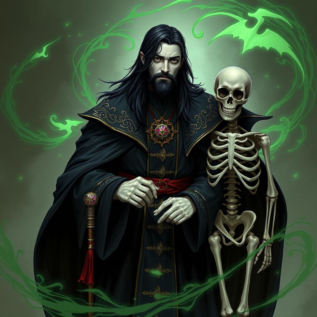 Mystical Portrait of a Young Male Necromancer with Skeleton Companion