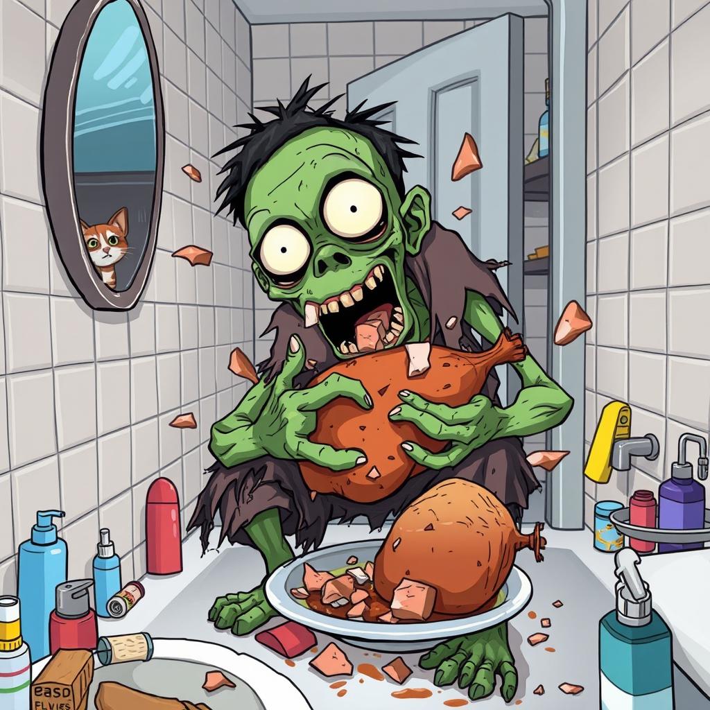 A humorous scene in a bathroom where a cartoonish zombie, with greenish skin and ragged clothing, is hunched over, animatedly devouring a whole roasted chicken