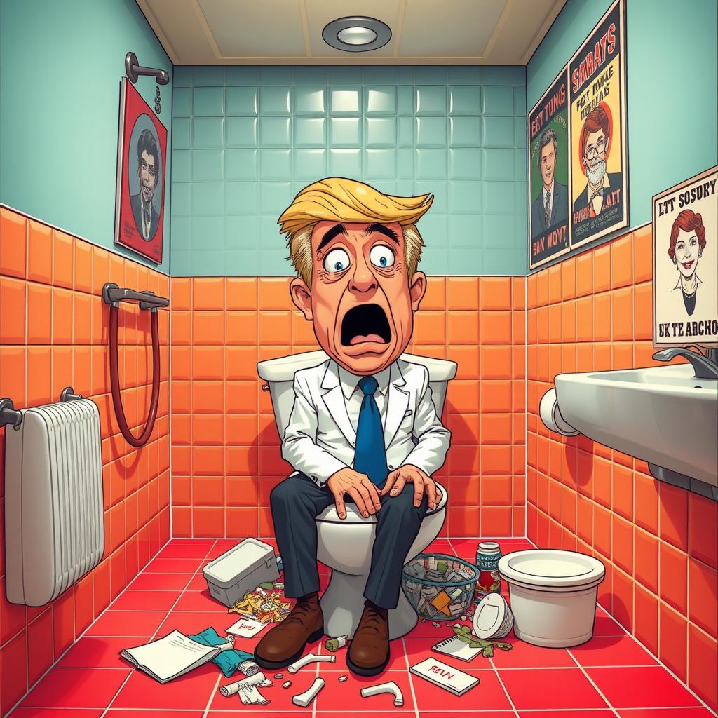 A surreal and comedic scene in a bathroom where a fictional character resembling an exaggerated caricature of a political figure is humorously depicted in a playful cartoon style