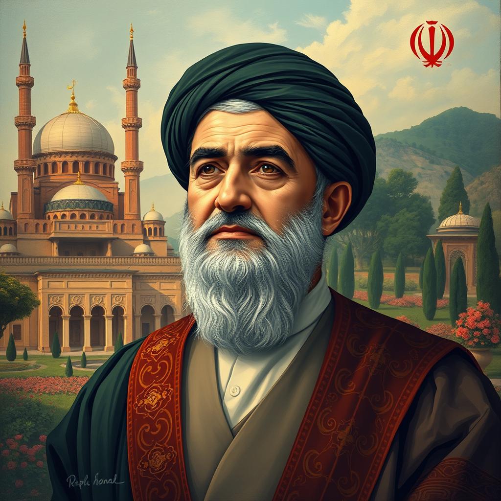 An artistic portrait of a political leader from Iran, depicted in a dignified and respectful manner, surrounded by elements that symbolize Iranian culture