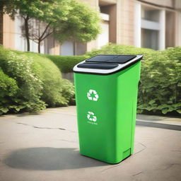 Design an innovative 'EcoHarvestBin', a smart waste management system. It should be solar-powered with visible sensors and paired with a mobile app symbol, signifying its function in promoting recycling and sustainable practices.