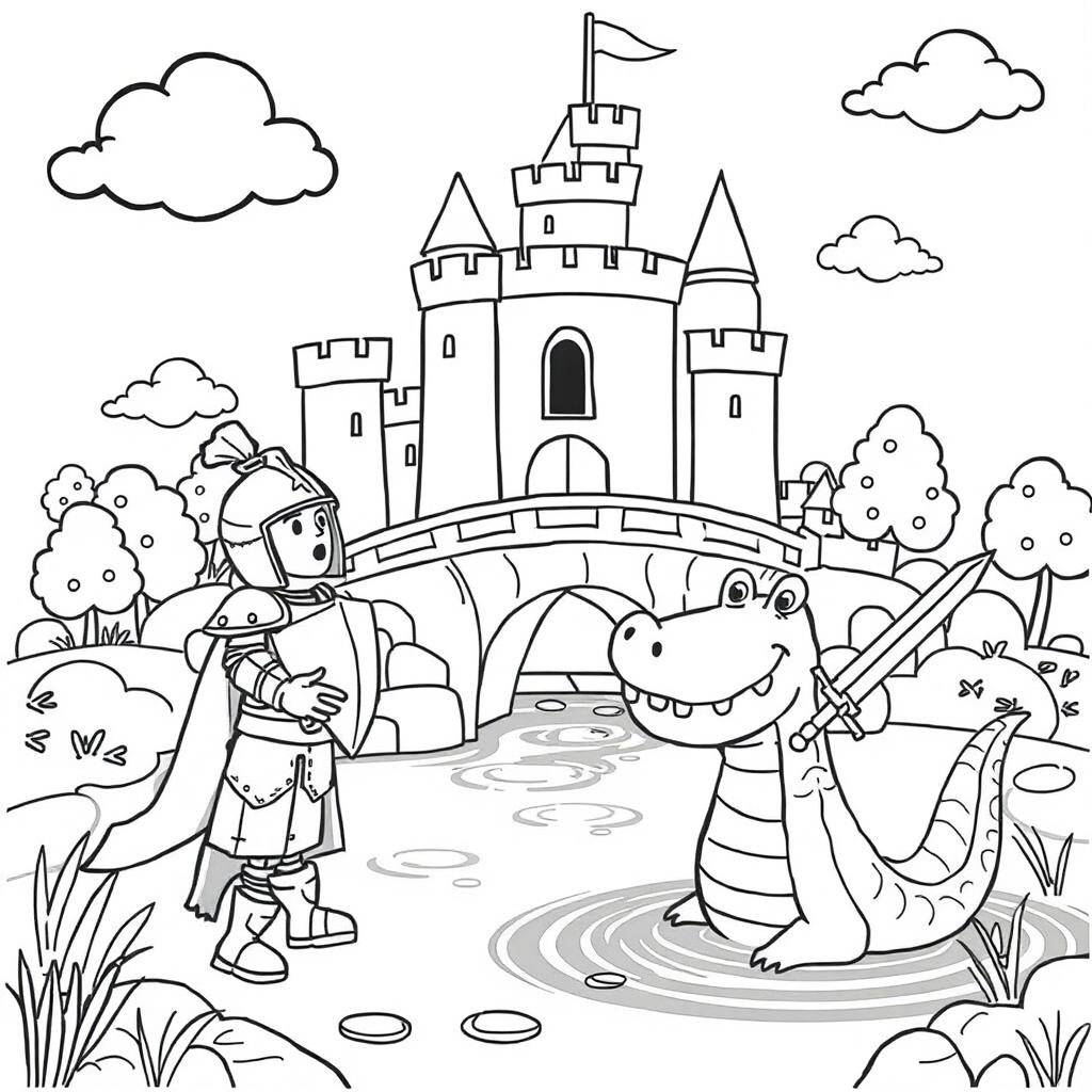 A cute and child-friendly black and white illustration for a children's coloring book, depicting a humorous scene of a brave knight in shining armor approaching a whimsical castle