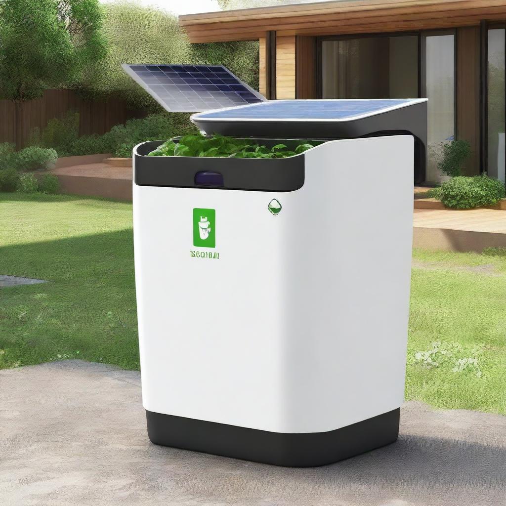 Design an innovative 'EcoHarvestBin', a smart waste management system. It should be solar-powered with visible sensors and paired with a mobile app symbol, signifying its function in promoting recycling and sustainable practices.