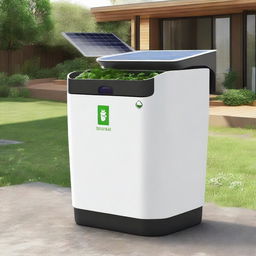 Design an innovative 'EcoHarvestBin', a smart waste management system. It should be solar-powered with visible sensors and paired with a mobile app symbol, signifying its function in promoting recycling and sustainable practices.