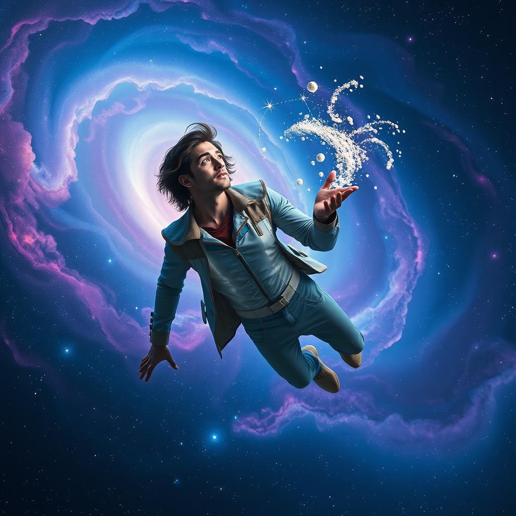 A man floating in the middle of a galaxy, casting cosmic dust from his hand