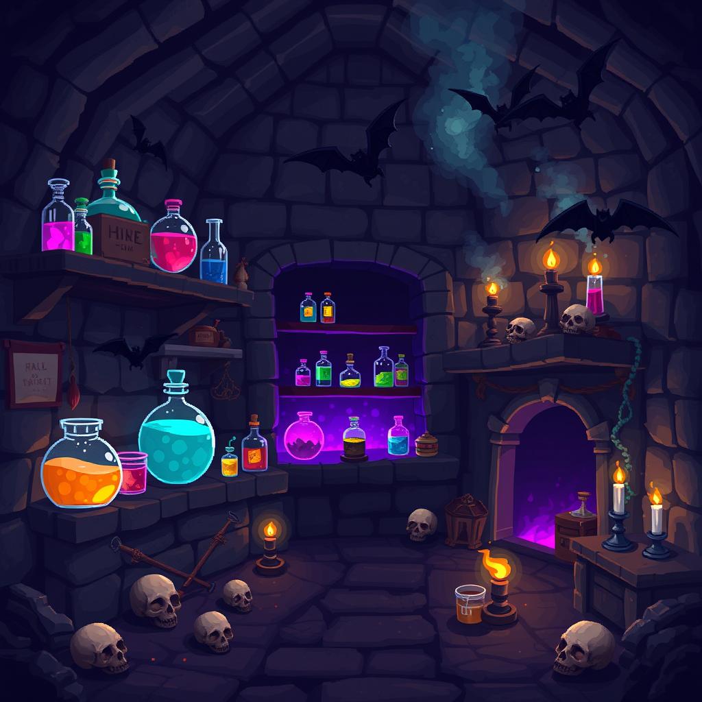 An animated pixel art background of a dark magician's dungeon, featuring an assortment of colorful potions bubbling in glass bottles on stone shelves, ominous bats flying around the dimly lit space, flickering candles casting eerie shadows on the walls, and skulls scattered across the ground, enhancing the mystical and spooky atmosphere