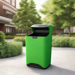 Design an innovative 'EcoHarvestBin', a smart waste management system. It should be solar-powered with visible sensors and paired with a mobile app symbol, signifying its function in promoting recycling and sustainable practices.