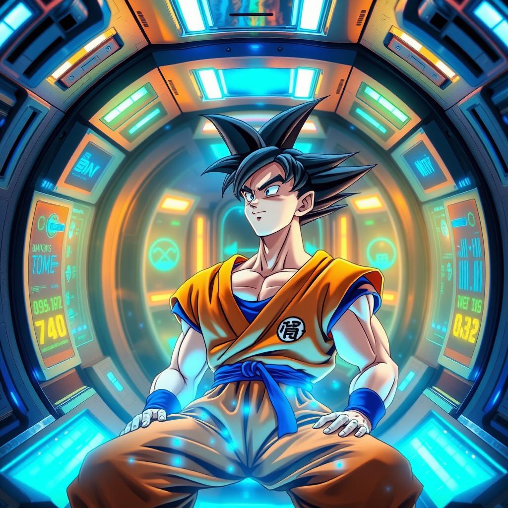Goku inside a futuristic recovery chamber, glowing with energy and high-tech displays