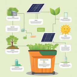 Create an annotated illustration of the 'EcoHarvestBin'. Include a solar panel, smart sensor, recycling chamber, and a symbol representing its companion mobile app, all labeled with their respective functions.