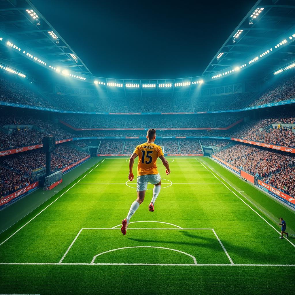 A soccer player in action on a football field, located centrally in a grand stadium reminiscent of iconic football clubs