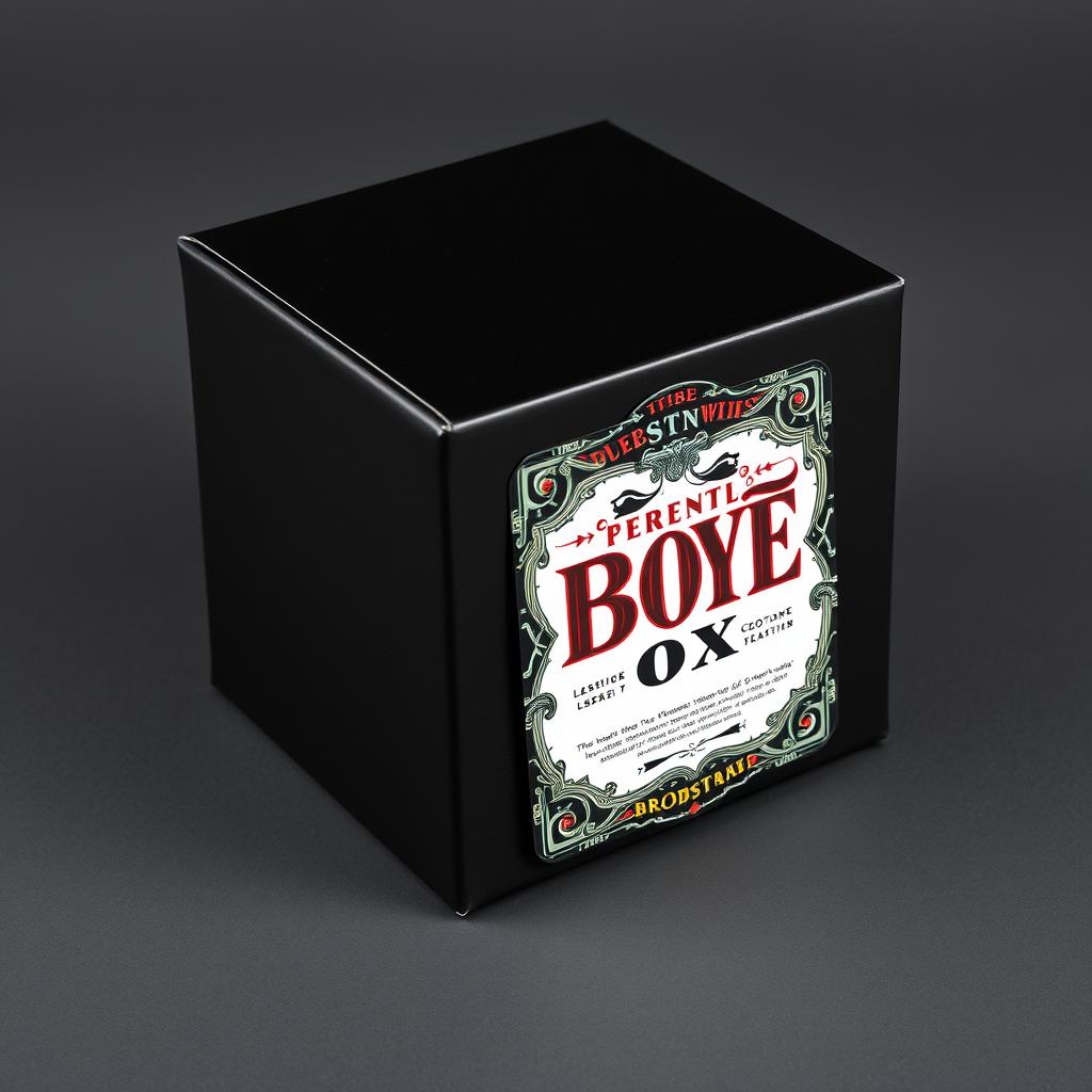 A sleek black box featuring a modern design, with an artistic label attached that showcases vibrant colors and intricate patterns