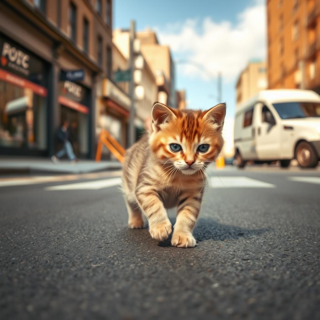 A small, playful kitten walking across a city street in front of a vehicle, demonstrating its movement as it crosses from one side to the other