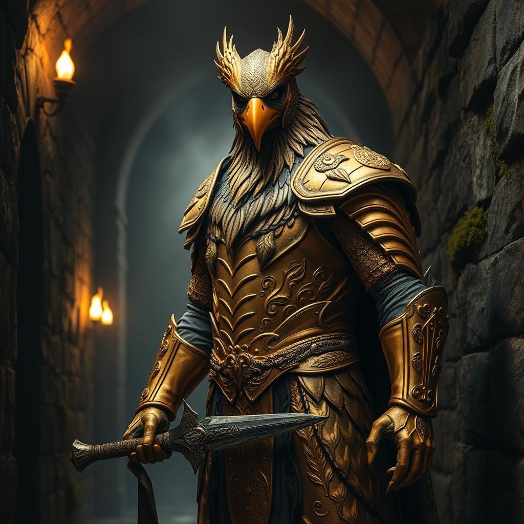 A menacing figure clad in richly detailed golden armor, standing tall in a dimly lit stone corridor