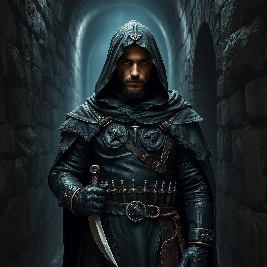 A shadowy rogue stands poised in a narrow, damp corridor of an ancient fortress, clad in dark leather armor reinforced with matte steel for stealth and protection