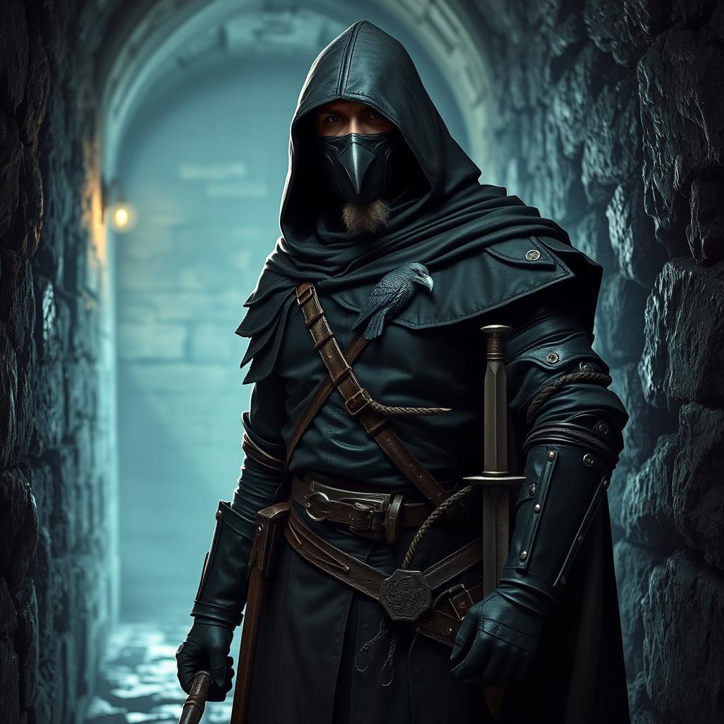 A shadowy rogue stands poised in a narrow, damp corridor of an ancient fortress, dressed in dark leather armor reinforced with matte steel for stealth and durability