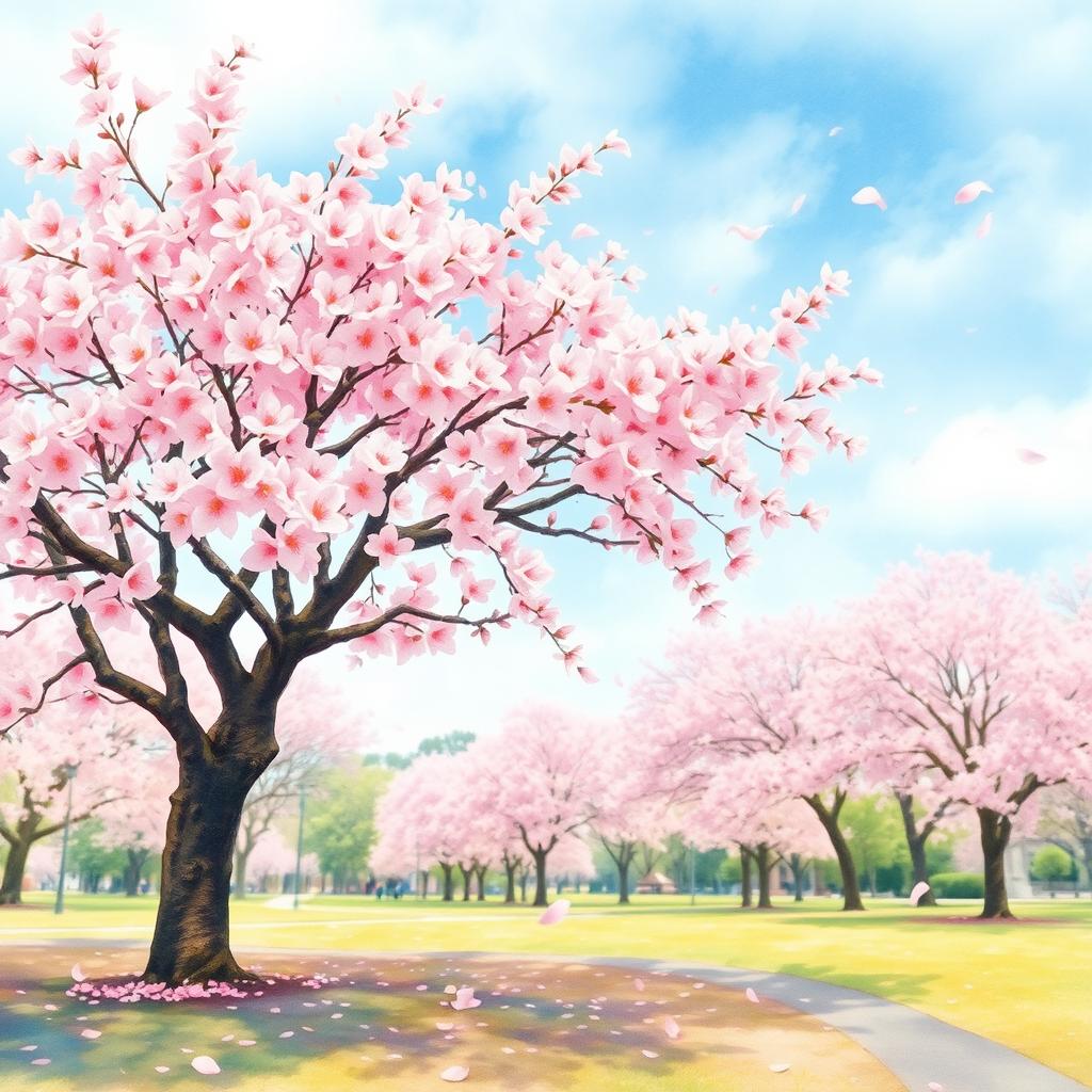 A beautiful cherry blossom tree in full bloom, with delicate pink and white flowers creating a stunning canopy