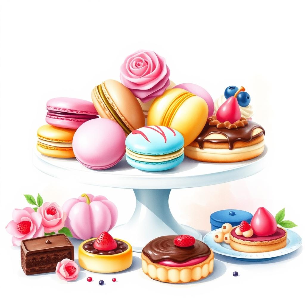 A beautifully arranged display of delicious desserts including colorful macarons, rich chocolate éclairs, and delicate fruit tarts, all artistically presented on an elegant white cake stand