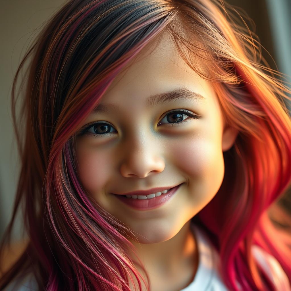 A close-up portrait of a girl with vibrant, flowing hair
